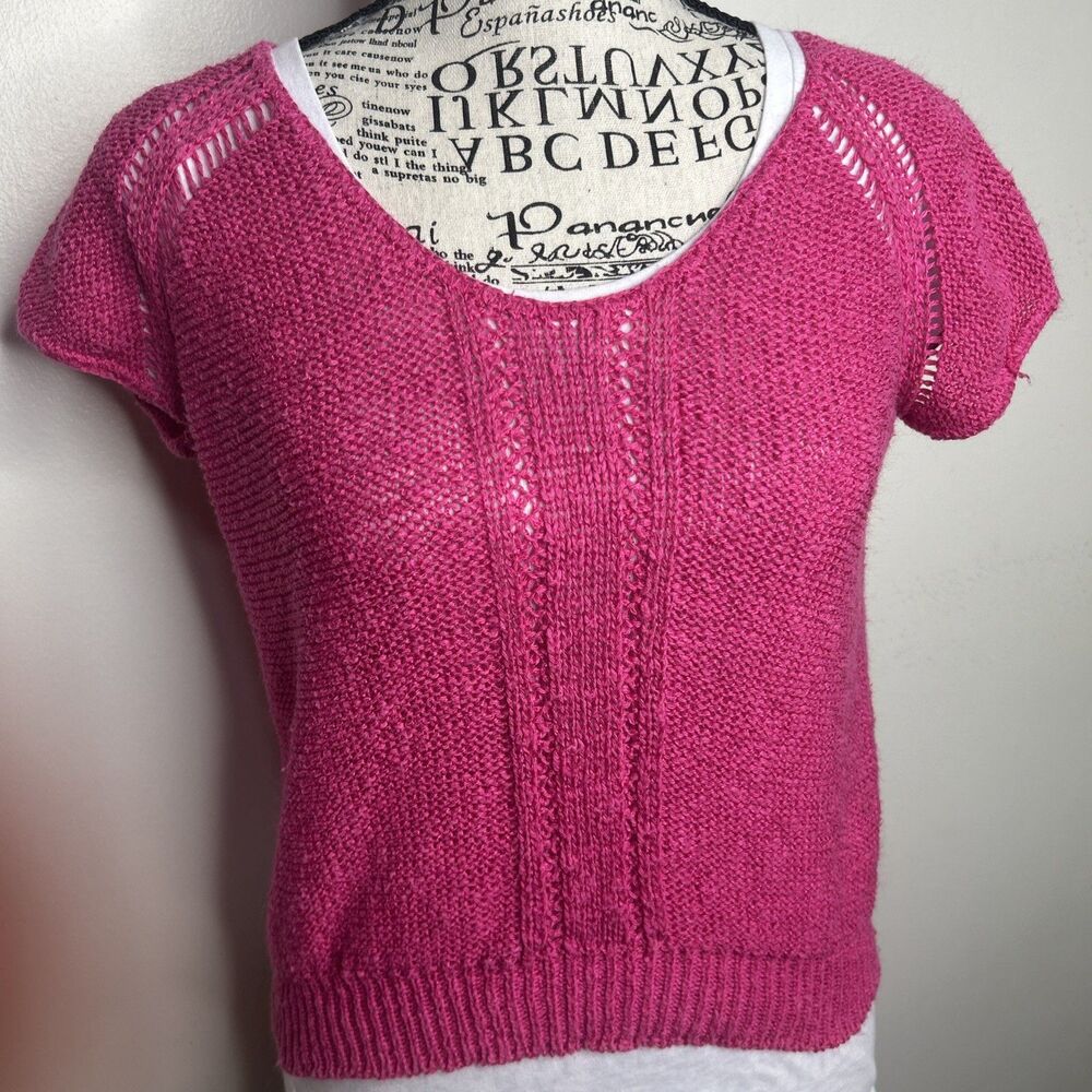 Vintage 90s Hot Pink Cotton Sweater Scoop Neck Size Small Barbie Core